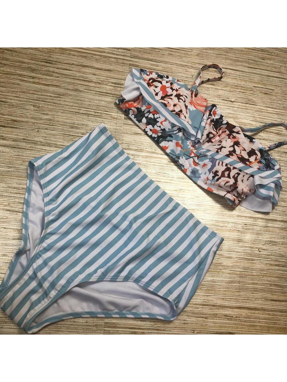 58 Misassy Women's Flounce bandeau High waist Bikini set BLUE STRIPE sz S